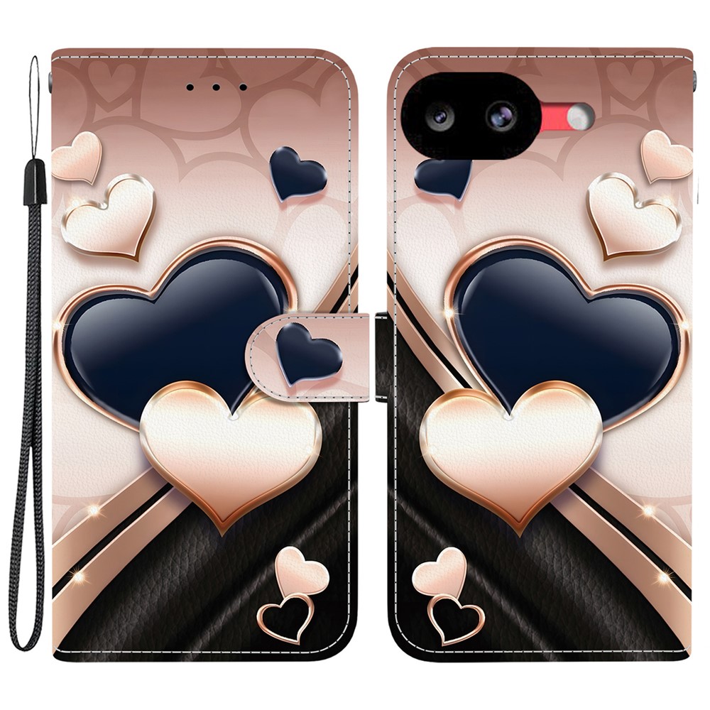 For Google Pixel 11a Leather Case Stand Wallet Pattern Printing Phone Cover with Wrist Strap - Love