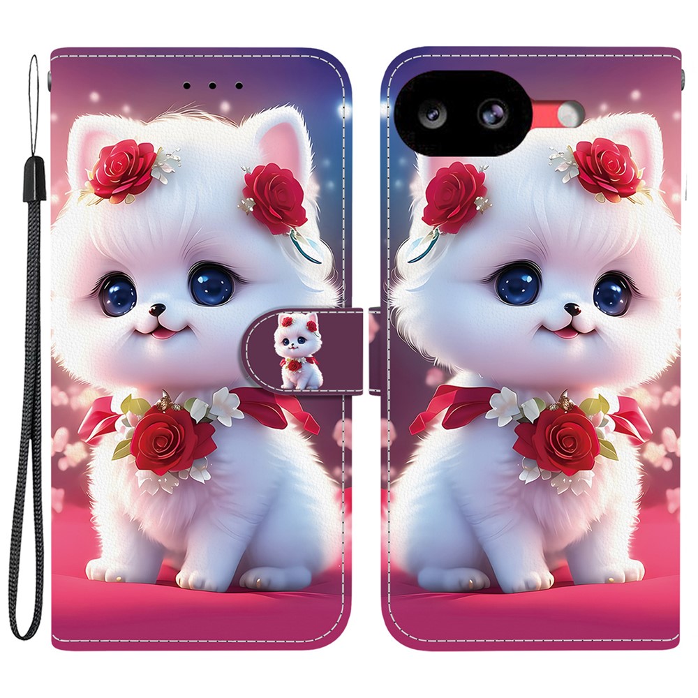 For Google Pixel 11a Leather Case Stand Wallet Pattern Printing Phone Cover with Wrist Strap - Rose Cat