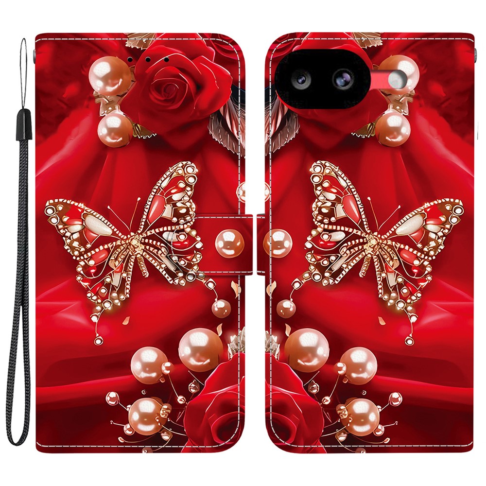 For Google Pixel 11a Leather Case Stand Wallet Pattern Printing Phone Cover with Wrist Strap - Pearl Butterfly Rose