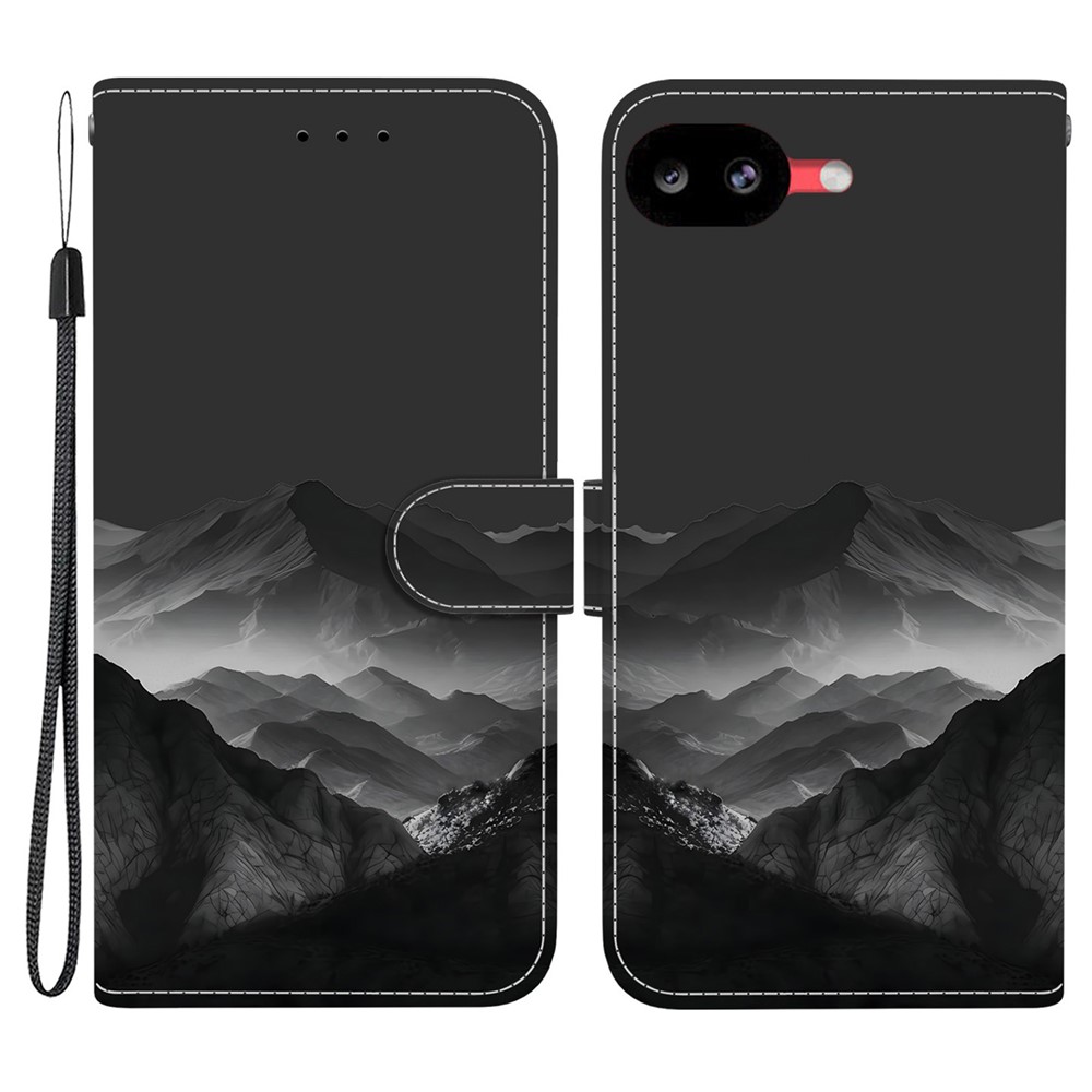 For Google Pixel 11a Case Pattern Printing PU Leather Wallet Flip Stand Phone Cover with Wrist Strap - Misty Ink Mountain