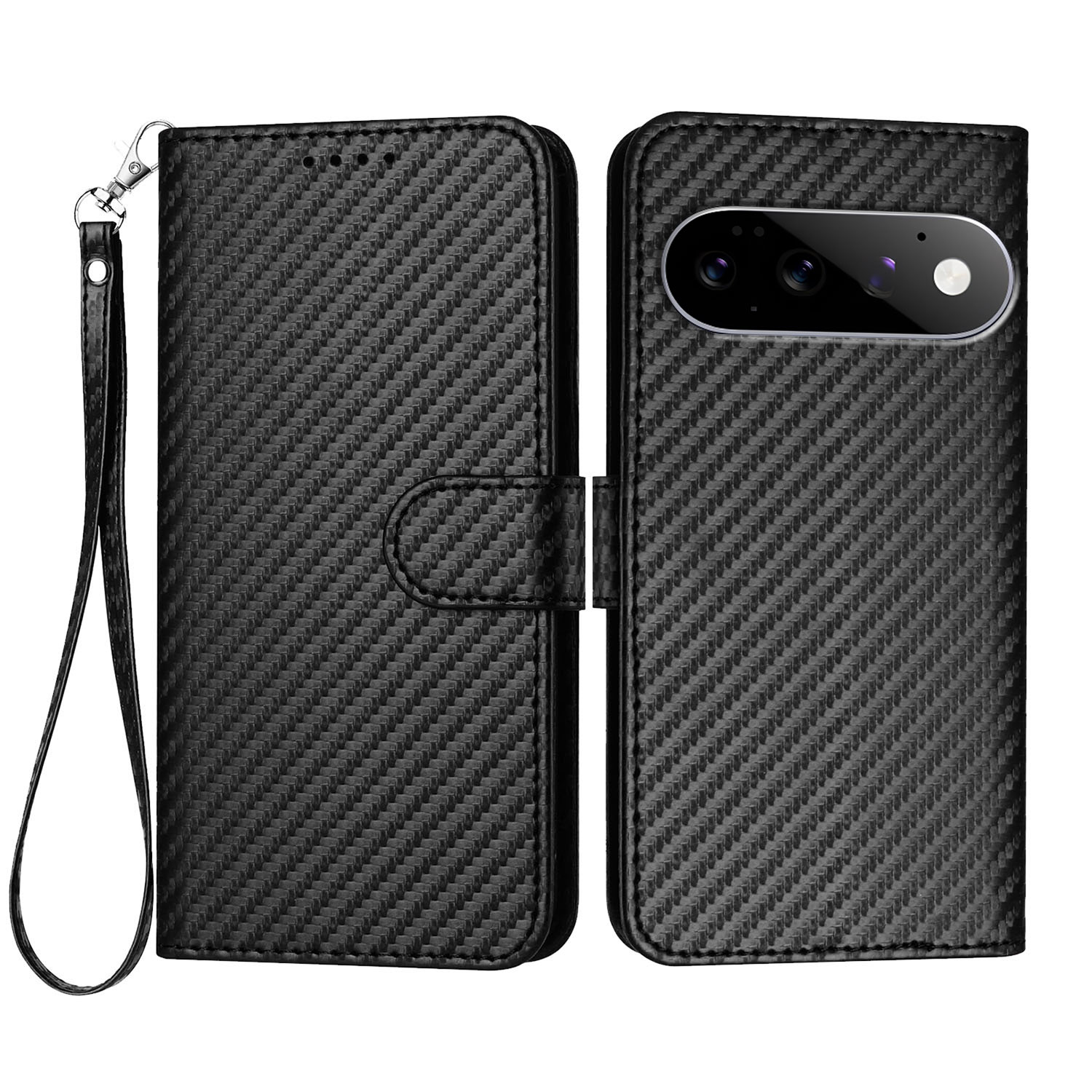 For Google Pixel 11 Pro / Google Pixel 11 Wallet Case with Strap Carbon Fiber Texture Leather Mobile Cover - Black