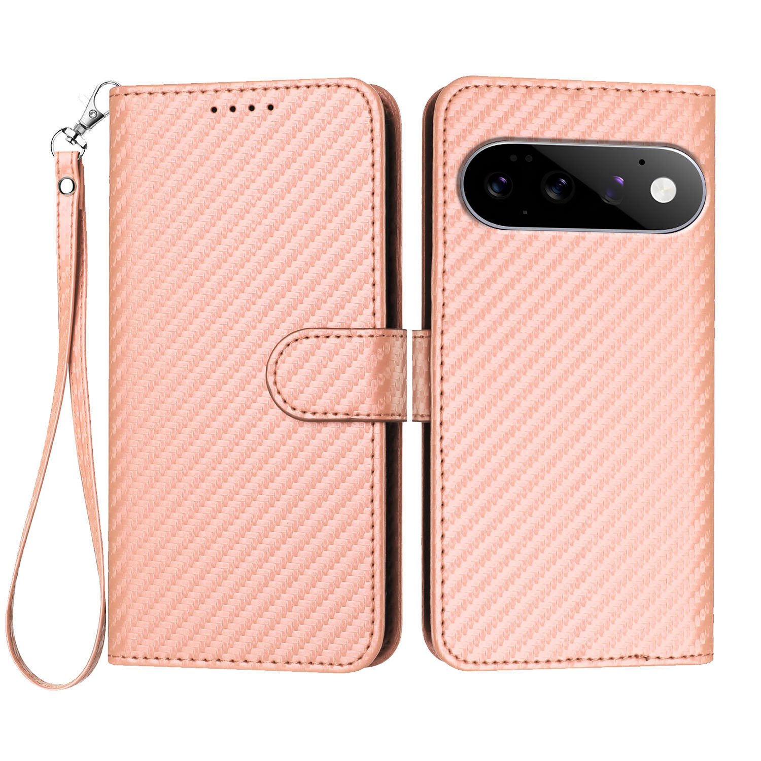 For Google Pixel 11 Pro XL Wallet Case with Strap Carbon Fiber Texture Leather Mobile Cover - Pink