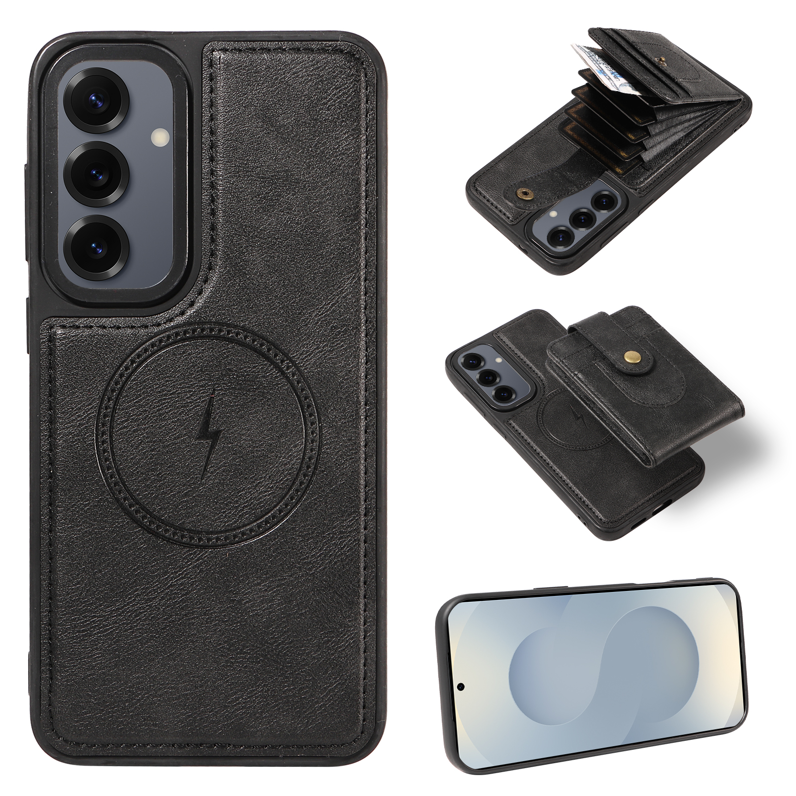 For Samsung Galaxy S25+ / Galaxy S24+ Magnetic Case Detachable 2 in 1 Card Holder PU Leather + TPU Phone Cover - Black