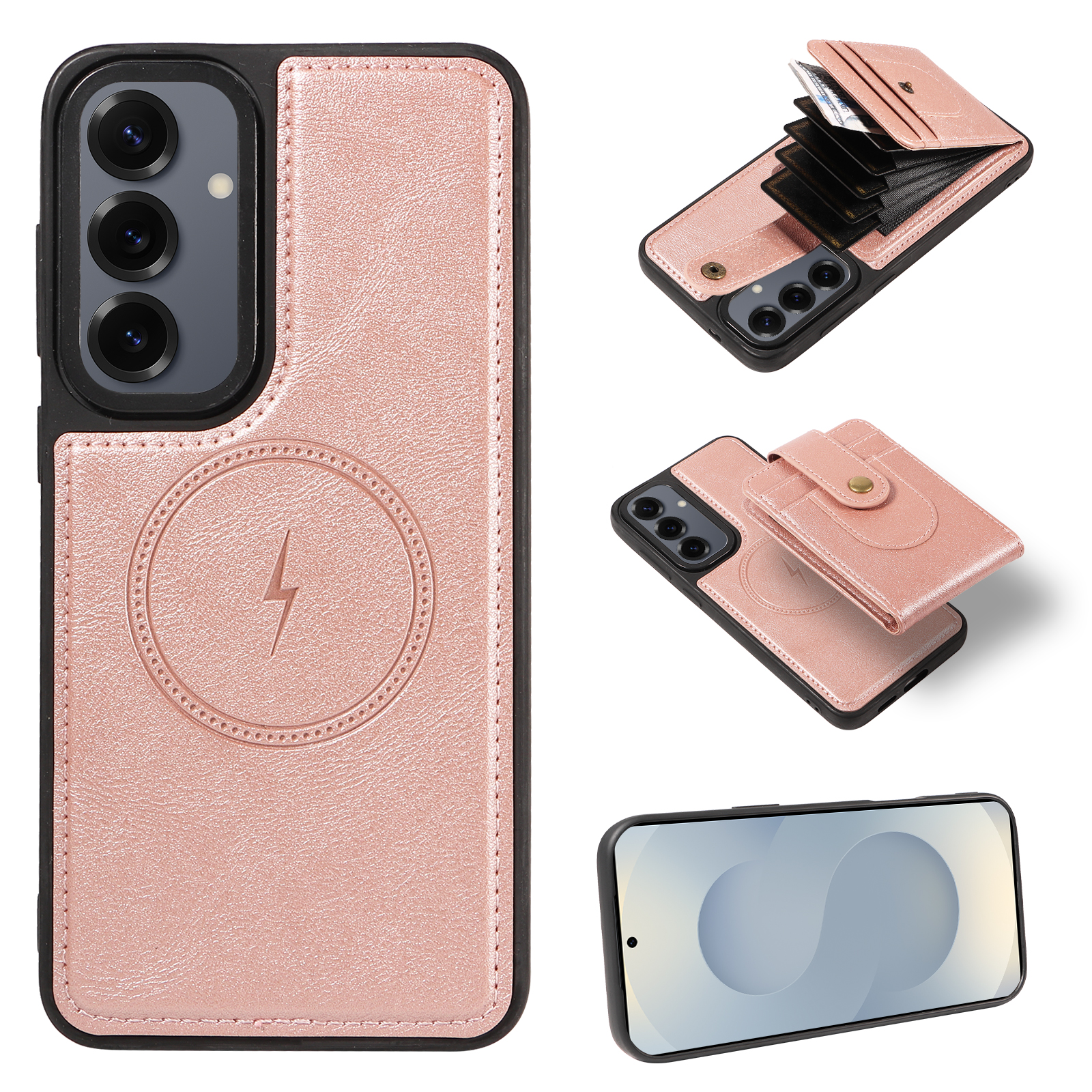 For Samsung Galaxy S25+ / Galaxy S24+ Magnetic Case Detachable 2 in 1 Card Holder PU Leather + TPU Phone Cover - Rose Gold