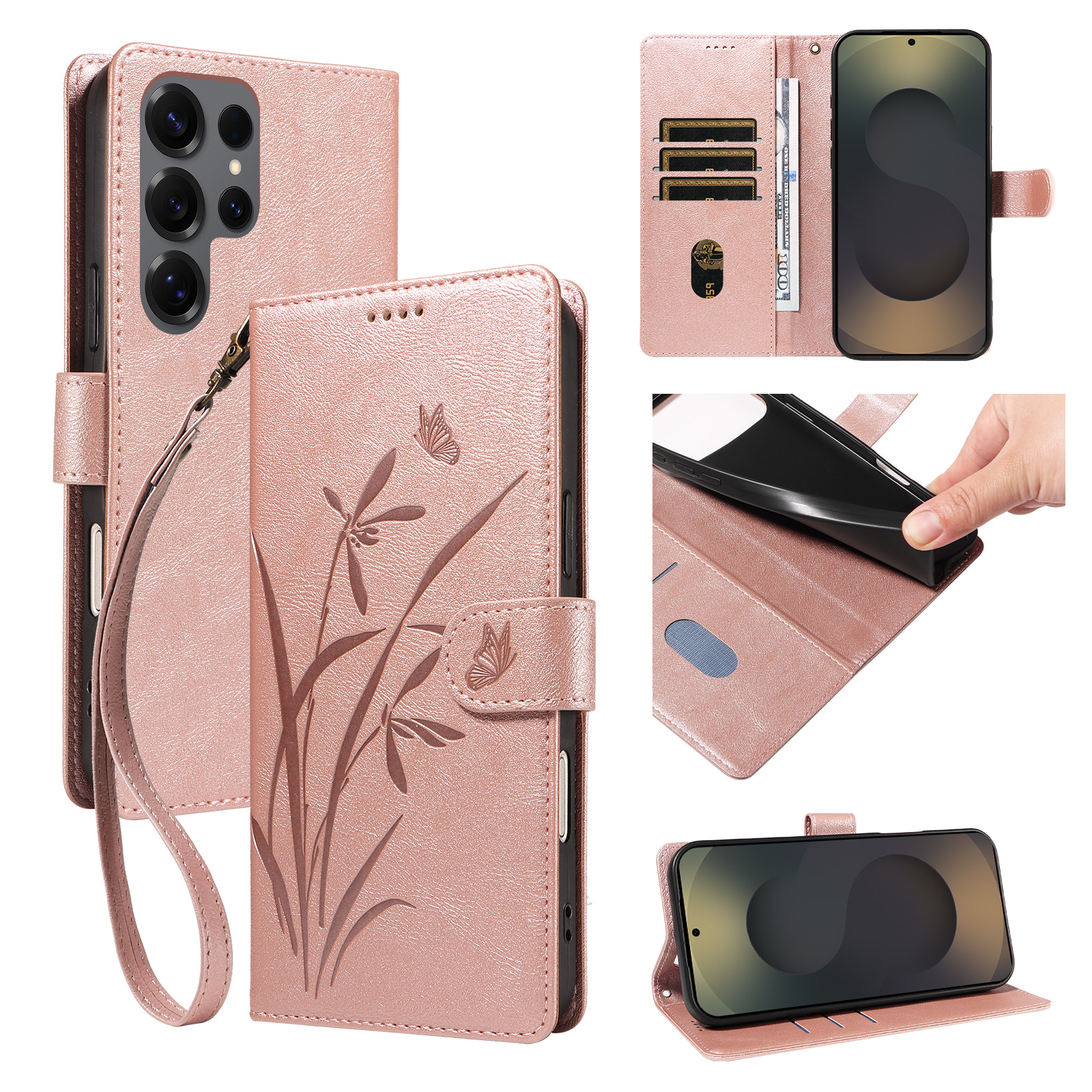 For Samsung Galaxy S25 Ultra Wallet Case Orchid Butterfly Imprinted Pattern Flip Stand Leather Phone Cover with Wrist Strap - Rose Gold
