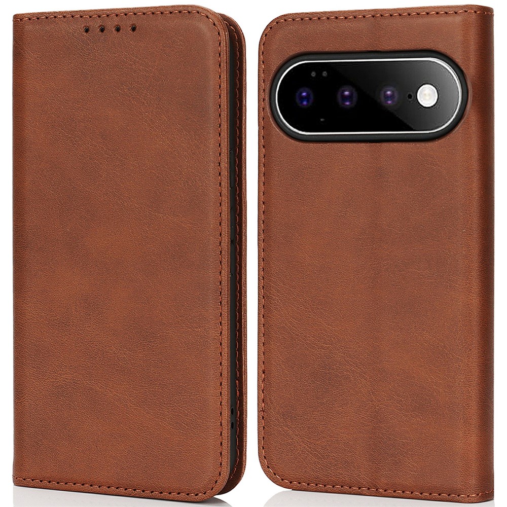 For Google Pixel 11 Pro Case PU Leather Calf Textured Magnetic Closing Smart Phone Cover - Dark Brown