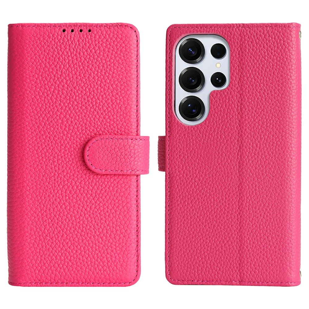 For Samsung Galaxy S25 Ultra Stand Case Litchi Texture Genuine Cow Leather Wallet Phone Cover RFID Blocking - Rose