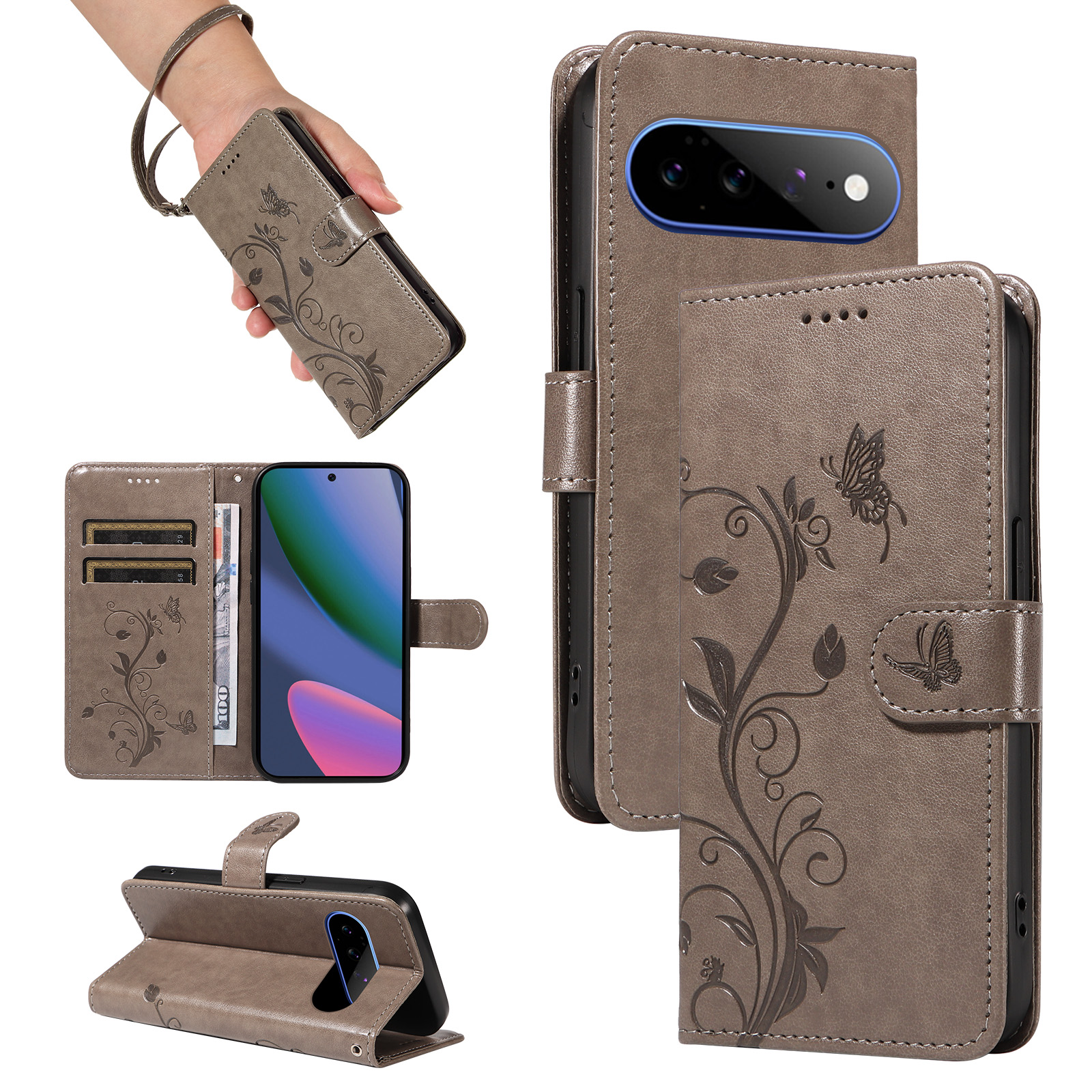 For Google Pixel 11 Pro XL PU Leather Cases Flower Pattern Wallet Stand Phone Cover with Strap - Grey