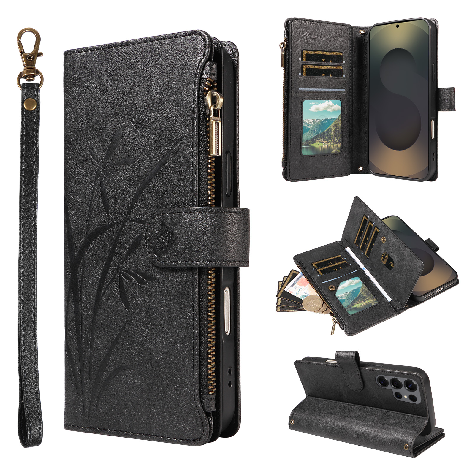 For Samsung Galaxy S25 Ultra Wallet Case 9 Card Slots Zipper Pocket Foldable Stand Imprint Orchid Pattern Leather Phone Cover with Wrist Strap - Black