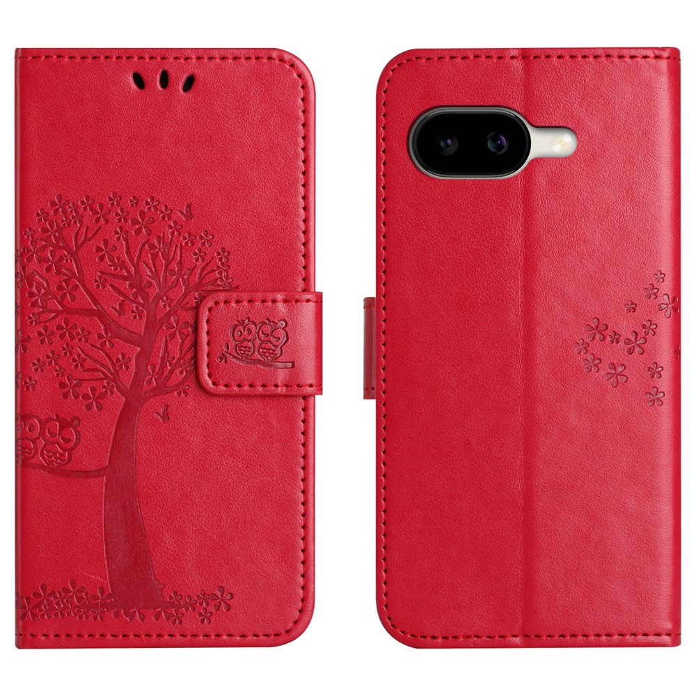 For Google Pixel 11a Case PU Leather Owl Tree Imprinted Wallet Phone Cover with Strap - Red