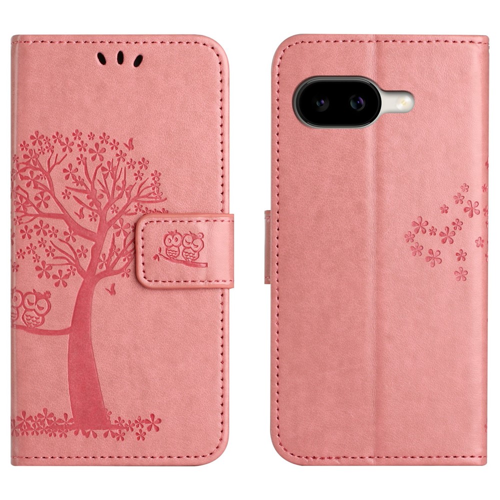 For Google Pixel 11a Case PU Leather Owl Tree Imprinted Wallet Phone Cover with Strap - Pink