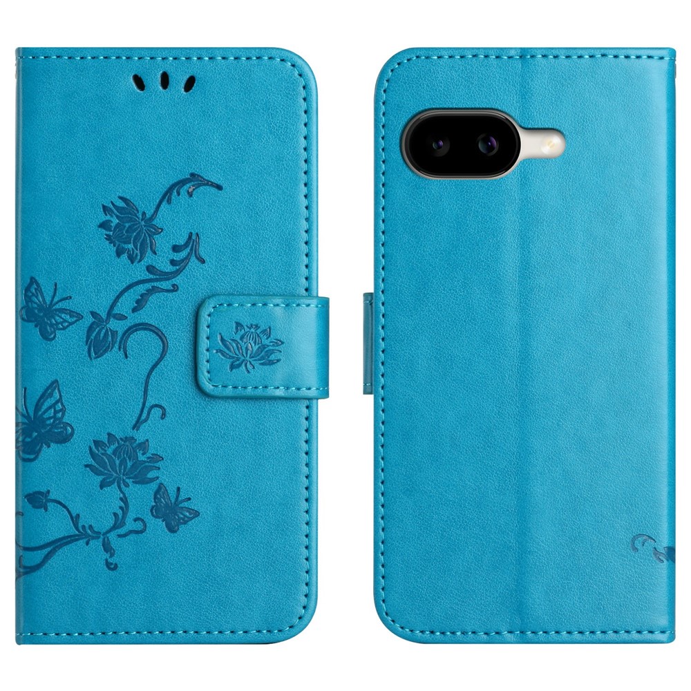 For Google Pixel 11a Case Wallet Stand Imprinted Butterfly Flower PU Leather Phone Cover with Hand Strap - Blue