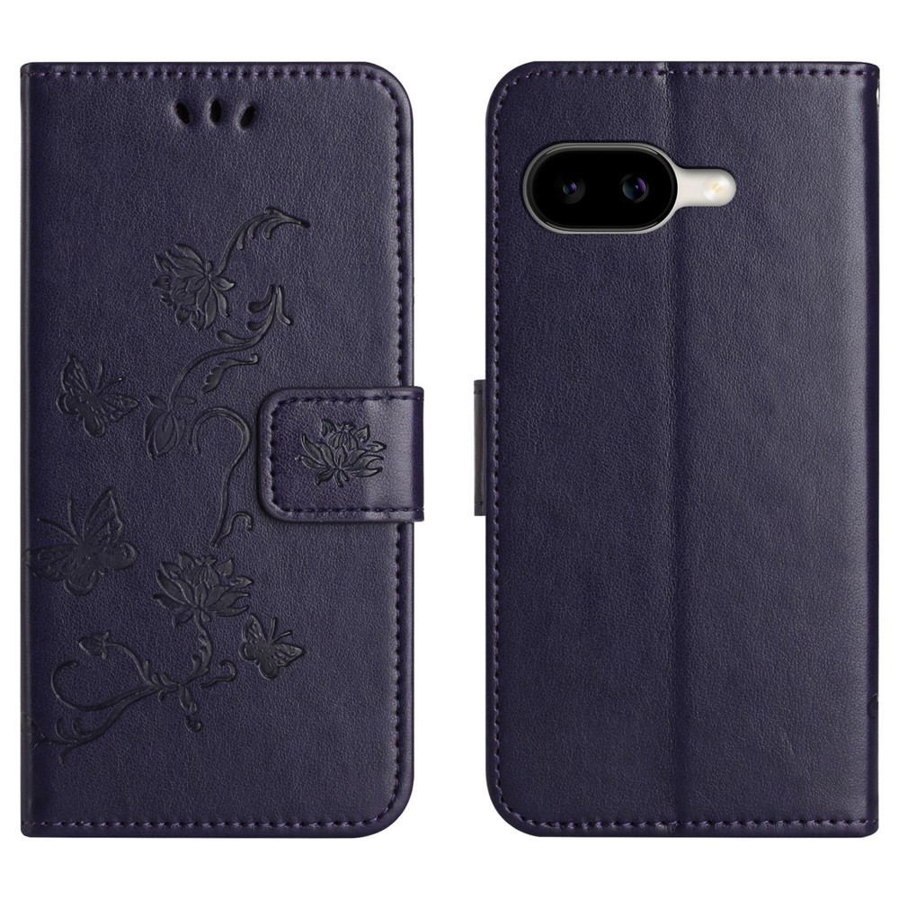 For Google Pixel 11a Case Wallet Stand Imprinted Butterfly Flower PU Leather Phone Cover with Hand Strap - Dark Blue