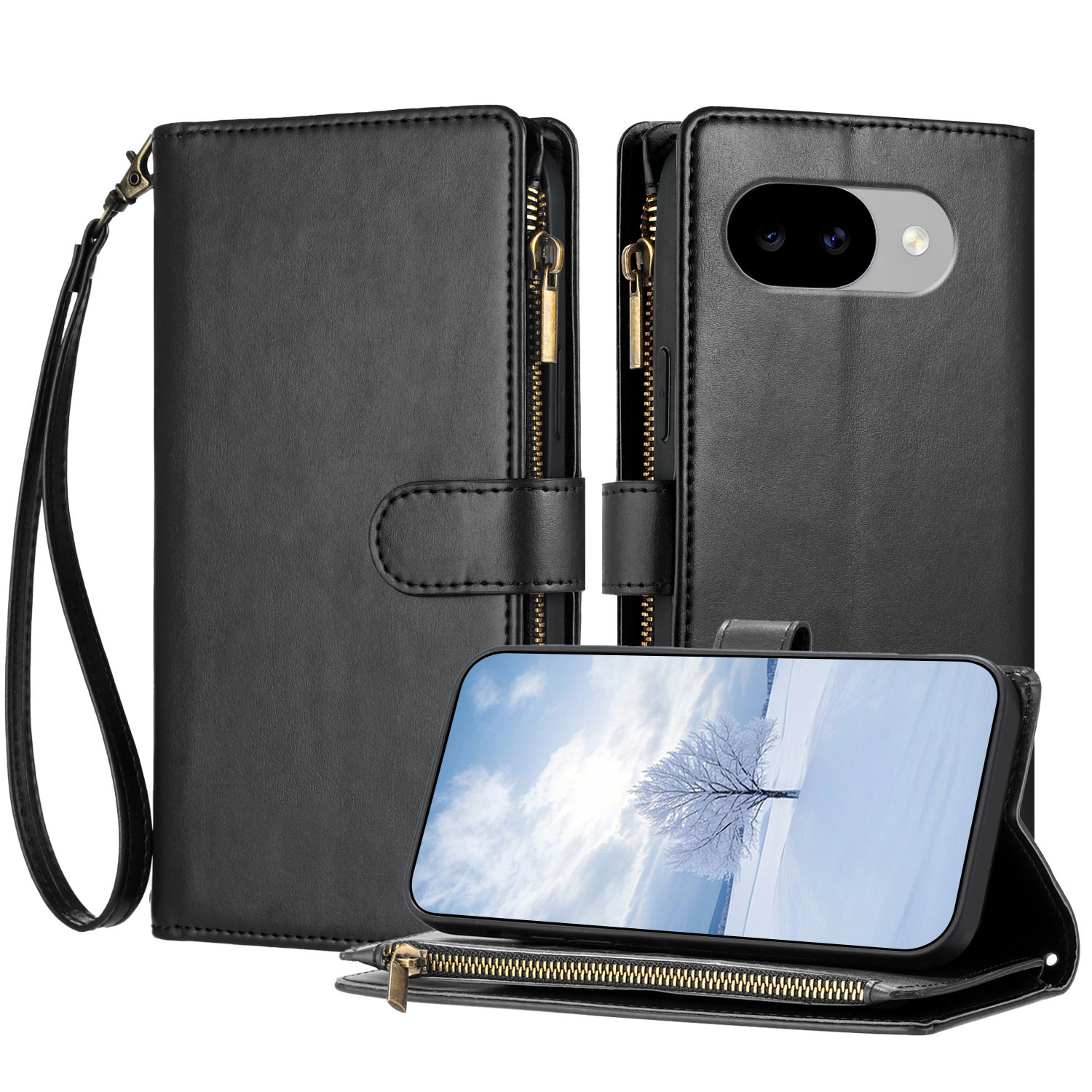 For Google Pixel 11a Leather Case Zipper Wallet Stand Shockproof Phone Cover with Wrist Strap - Black