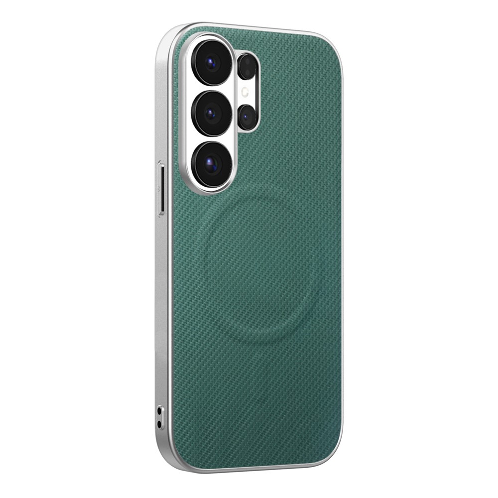 For Samsung Galaxy S25 Ultra Magnetic Case Silver Edge Fiber Texture Leather + PC + TPU Phone Cover - Green