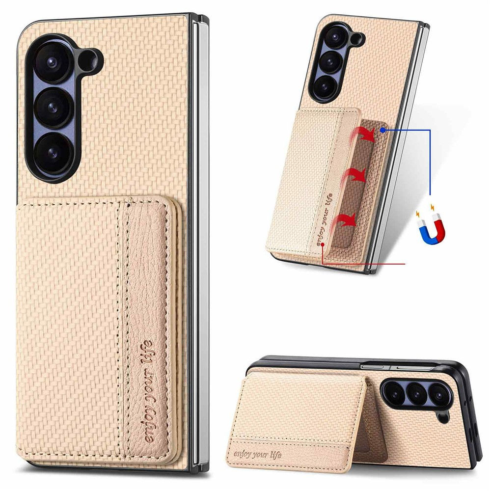 For Samsung Galaxy Z Fold6 5G Case with Card Holder RFID Blocking Carbon Fiber Texture Slim Phone Cover - Khaki
