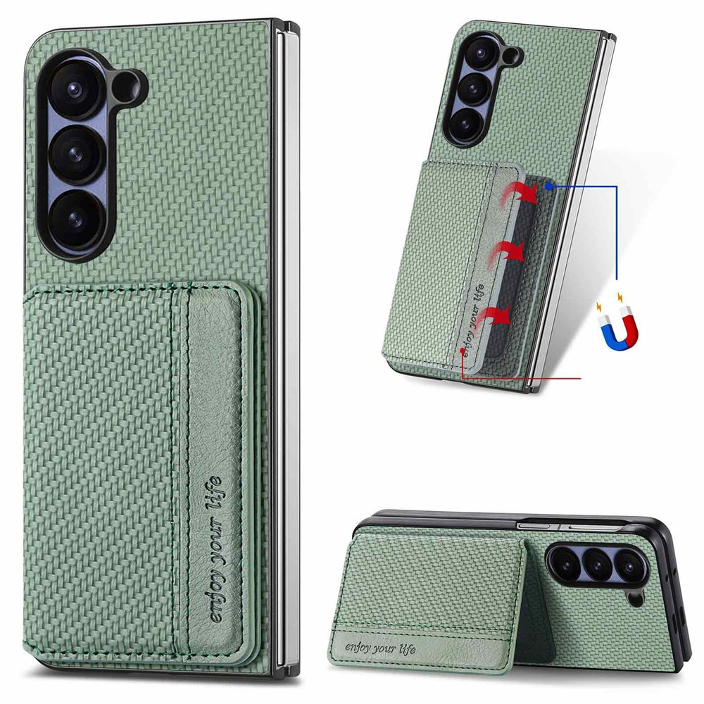 For Samsung Galaxy Z Fold5 5G Case with Card Holder RFID Blocking Carbon Fiber Texture Slim Phone Cover - Green