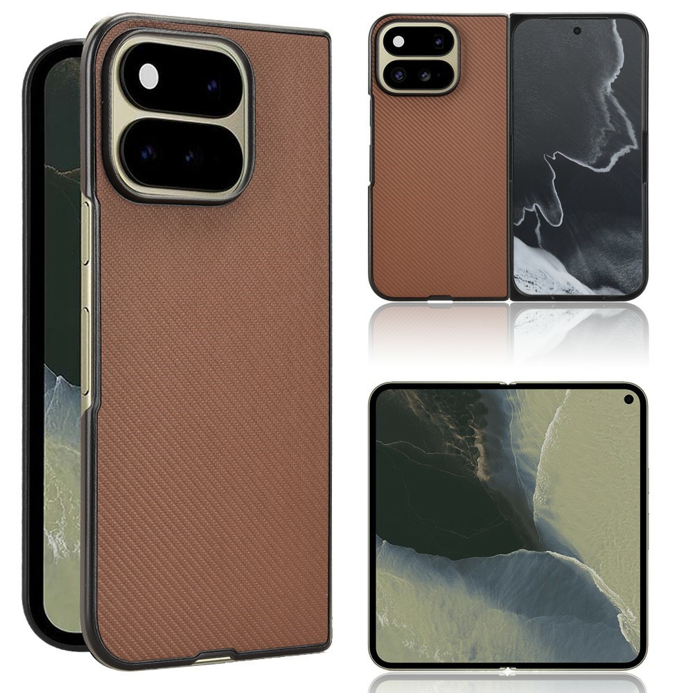 For Google Pixel 11 Pro Fold Case Carbon Fiber Texture Shockproof PU + PC Phone Cover - Brown