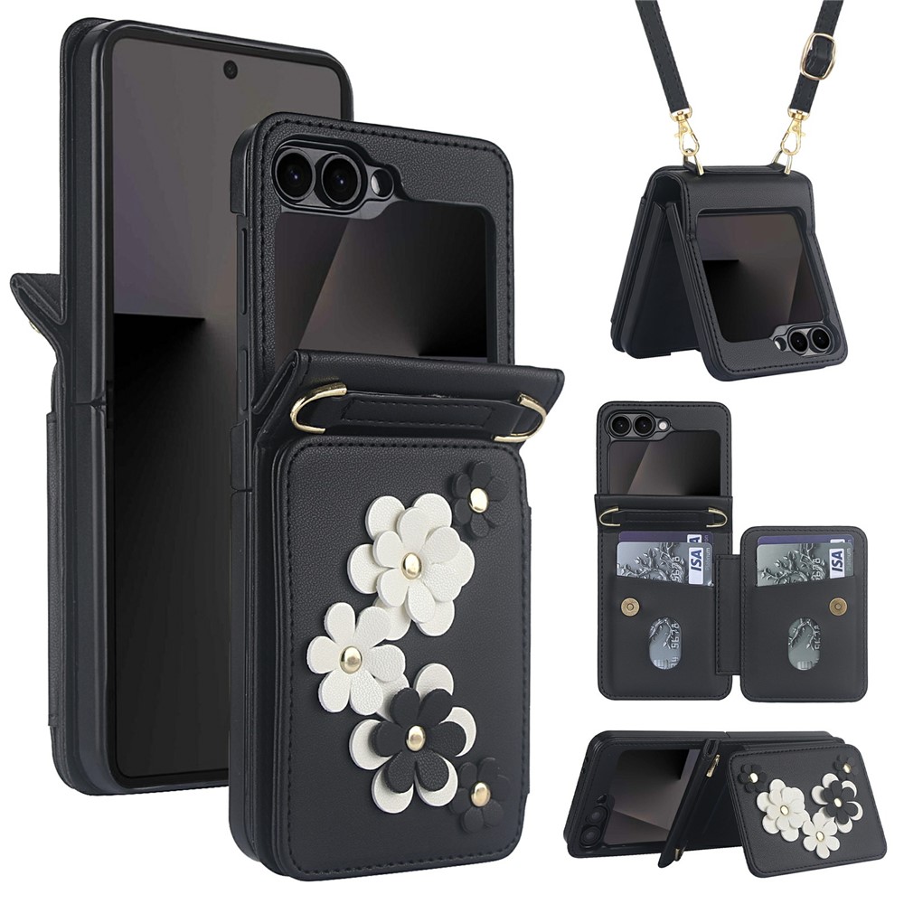 For Samsung Galaxy Z Flip5 5G Case Flower Decoration PU Leather Phone Back Cover with Long Lanyard - Black