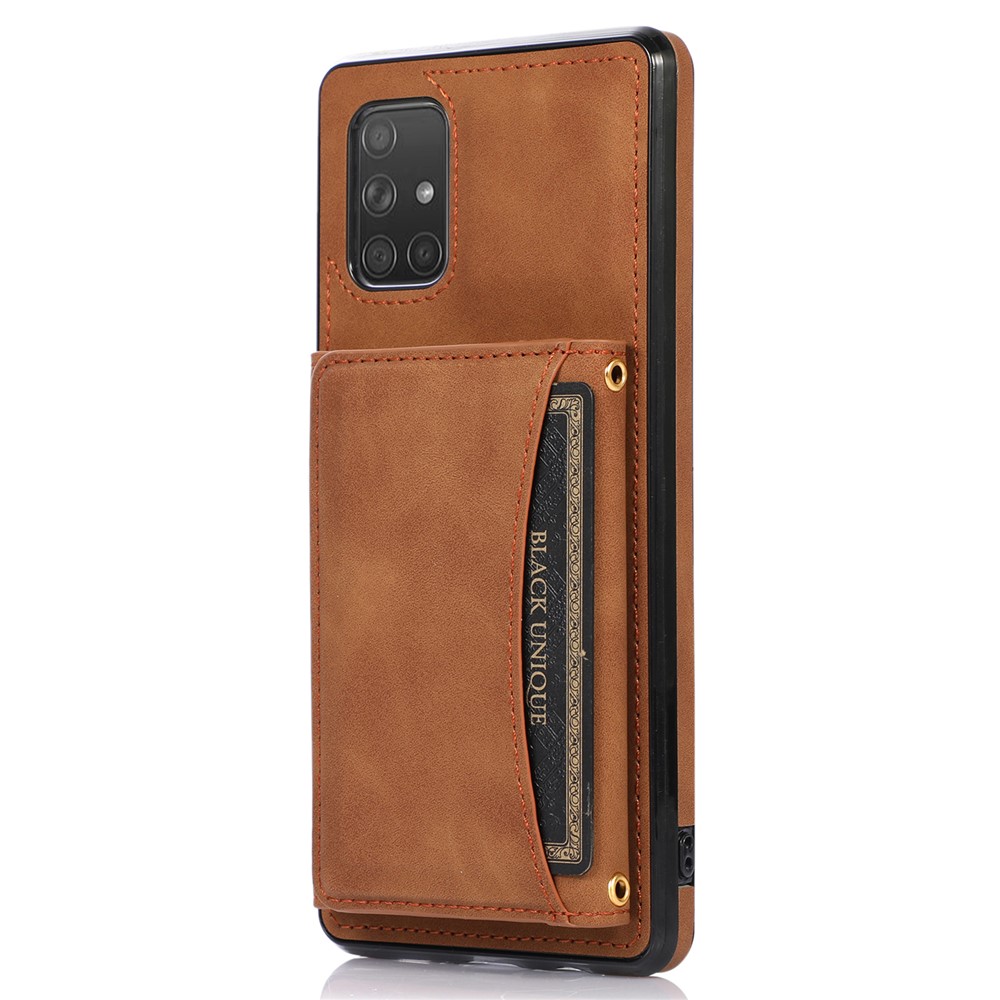 For Samsung Galaxy A51 5G SM-A516 Tri-fold Wallet Anti-scratch Phone Case PU Leather Coated TPU Kickstand Cover - Brown