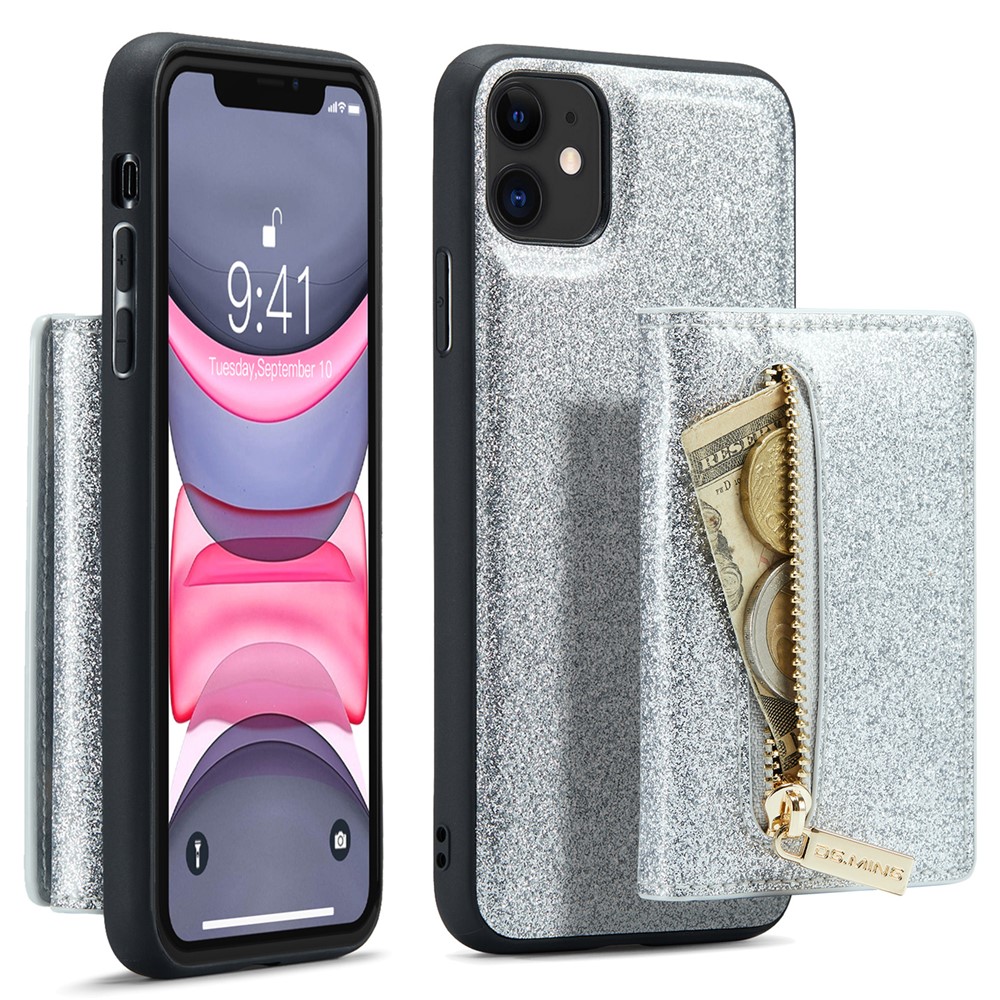 DG.MING M3 Series For iPhone 11 6.1 inch Zipper Pocket Magnetic Detachable 2-in-1 Phone Cover Glitter PU Leather Coated PC+TPU Kickstand Wallet Case - Silver