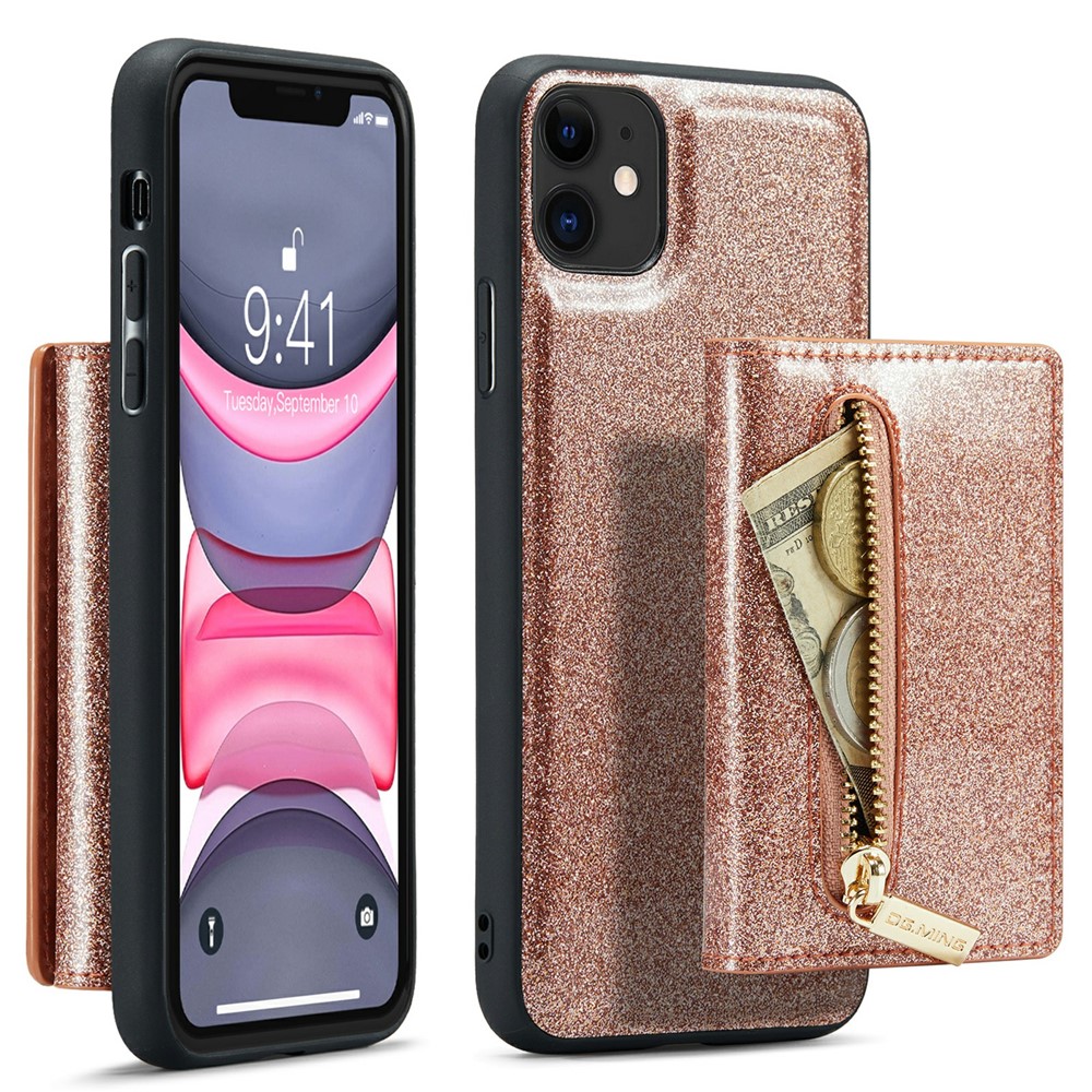 DG.MING M3 Series For iPhone 11 6.1 inch Zipper Pocket Magnetic Detachable 2-in-1 Phone Cover Glitter PU Leather Coated PC+TPU Kickstand Wallet Case - Rose Gold