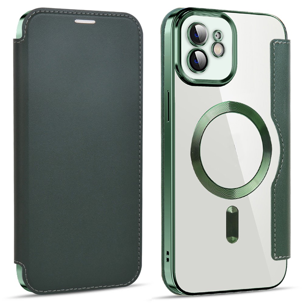 For iPhone 11 6.1 inch Compatible with MagSafe RFID Blocking Card Slots Anti-drop PU Leather+TPU Electroplating Clear Back Flip Case with Lens Film - Blackish Green