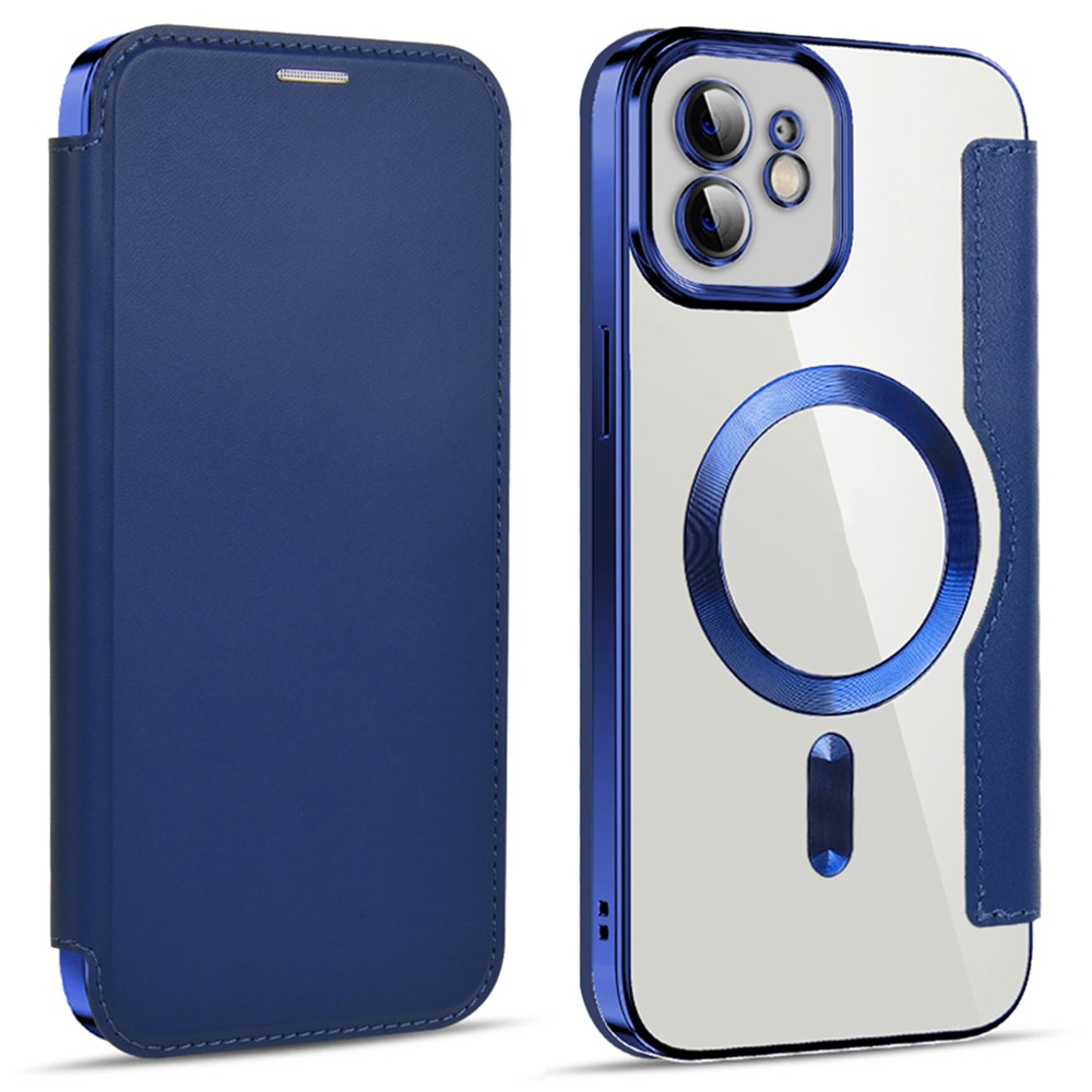For iPhone 11 6.1 inch Compatible with MagSafe RFID Blocking Card Slots Anti-drop PU Leather+TPU Electroplating Clear Back Flip Case with Lens Film - Sapphire