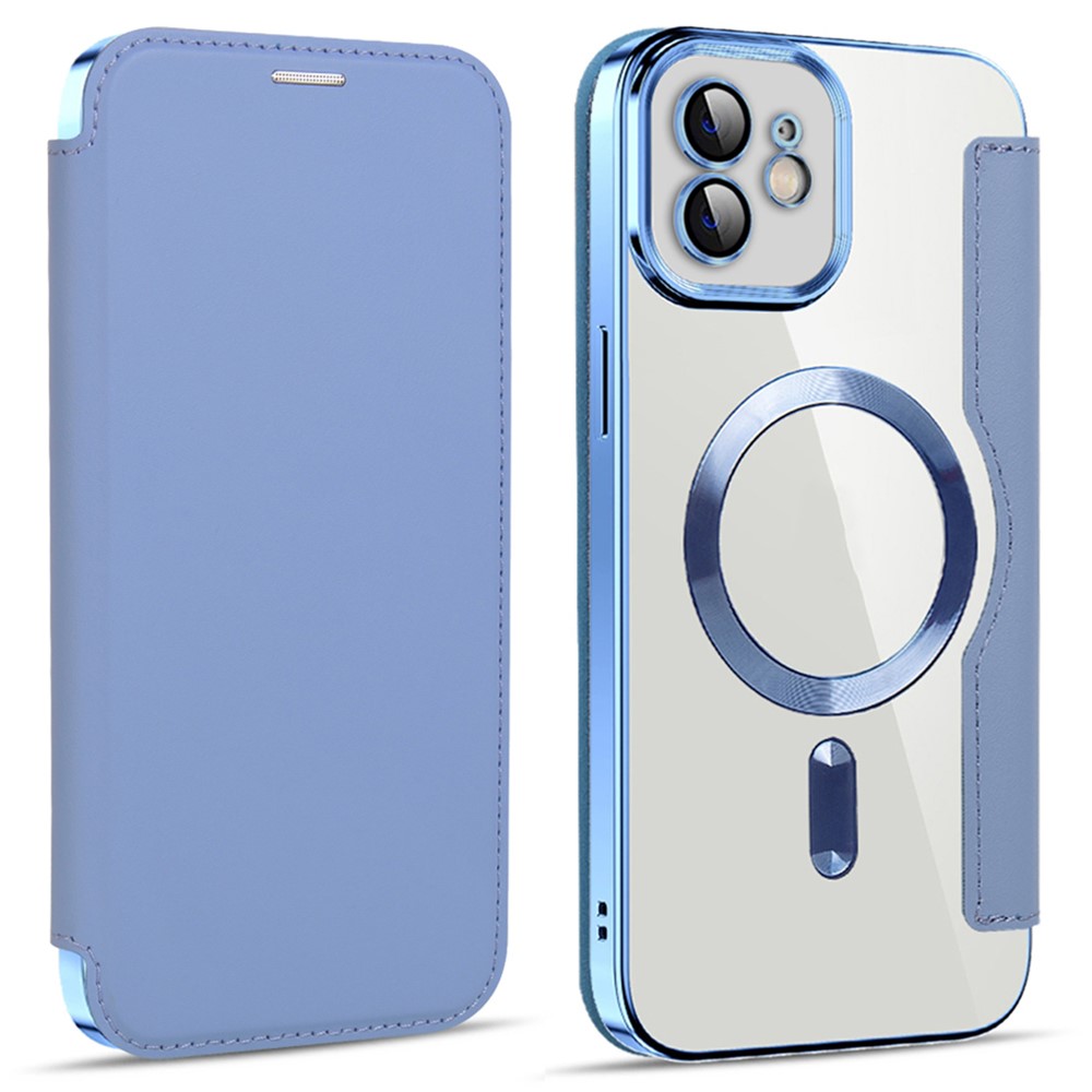 For iPhone 11 6.1 inch Compatible with MagSafe RFID Blocking Card Slots Anti-drop PU Leather+TPU Electroplating Clear Back Flip Case with Lens Film - Baby Blue