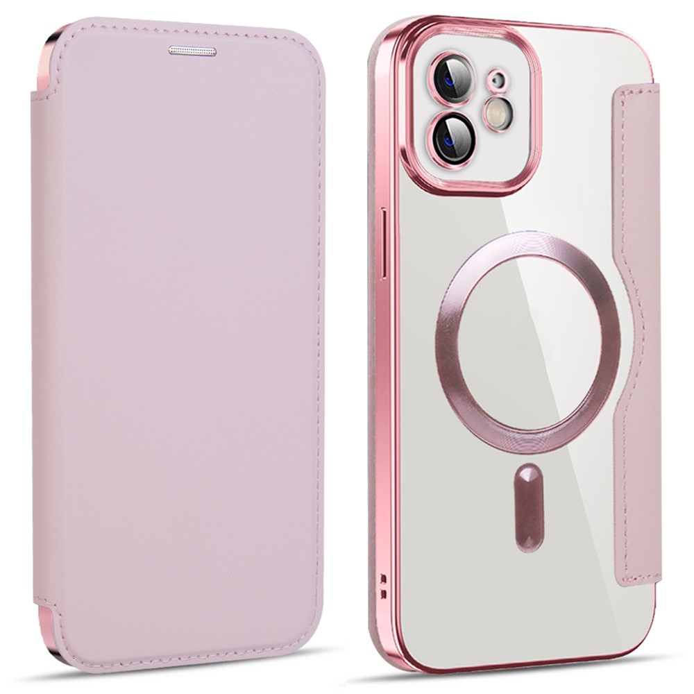For iPhone 11 6.1 inch Compatible with MagSafe RFID Blocking Card Slots Anti-drop PU Leather+TPU Electroplating Clear Back Flip Case with Lens Film - Pink