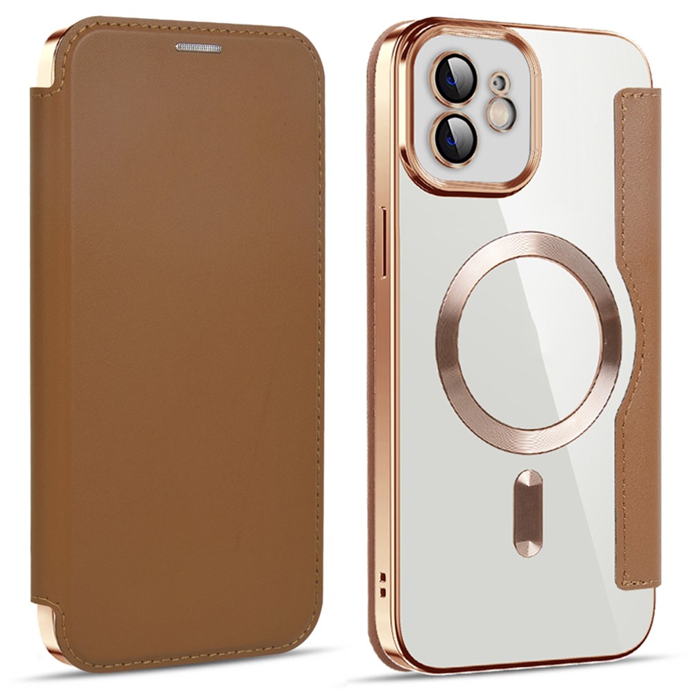 For iPhone 11 6.1 inch Compatible with MagSafe RFID Blocking Card Slots Anti-drop PU Leather+TPU Electroplating Clear Back Flip Case with Lens Film - Brown