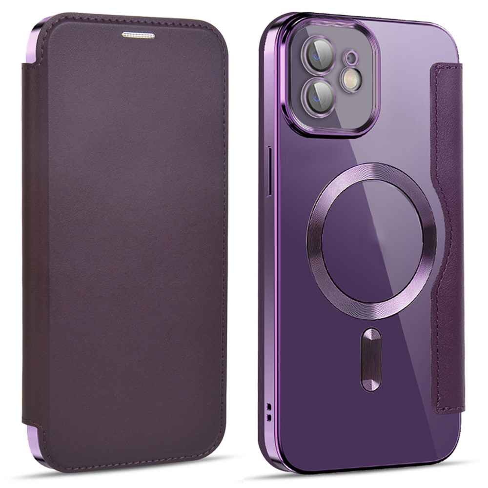 For iPhone 11 6.1 inch Compatible with MagSafe RFID Blocking Card Slots Anti-drop PU Leather+TPU Electroplating Clear Back Flip Case with Lens Film - Purple