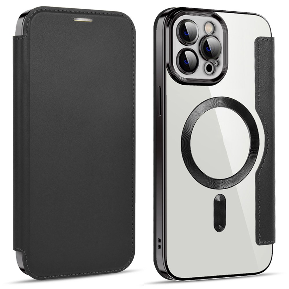 For iPhone 11 Pro Max 6.5 inch Compatible with MagSafe RFID Blocking Card Slots Shockproof PU Leather+TPU Electroplating Clear Back Flip Case with Lens Film - Black