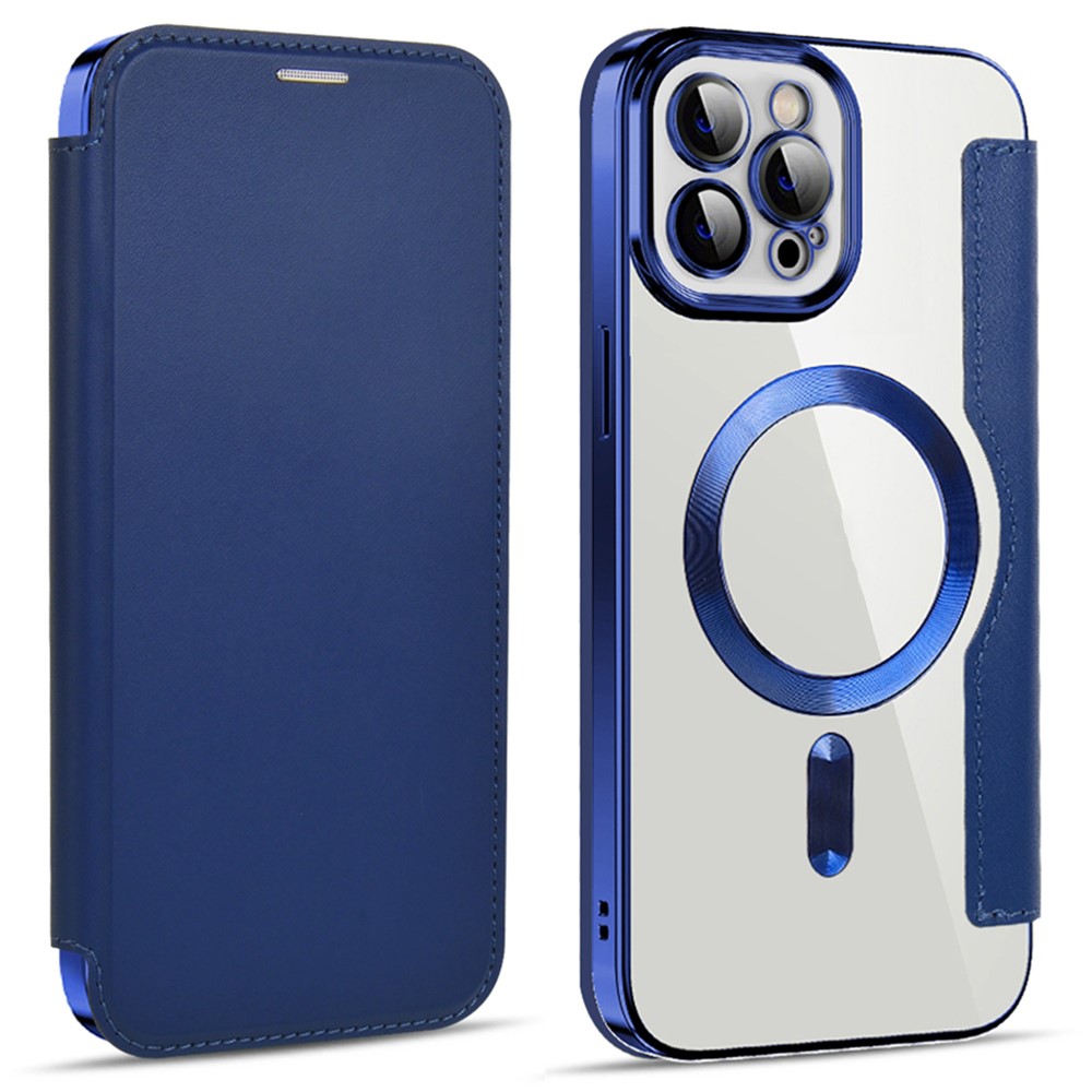 For iPhone 11 Pro Max 6.5 inch Compatible with MagSafe RFID Blocking Card Slots Shockproof PU Leather+TPU Electroplating Clear Back Flip Case with Lens Film - Sapphire