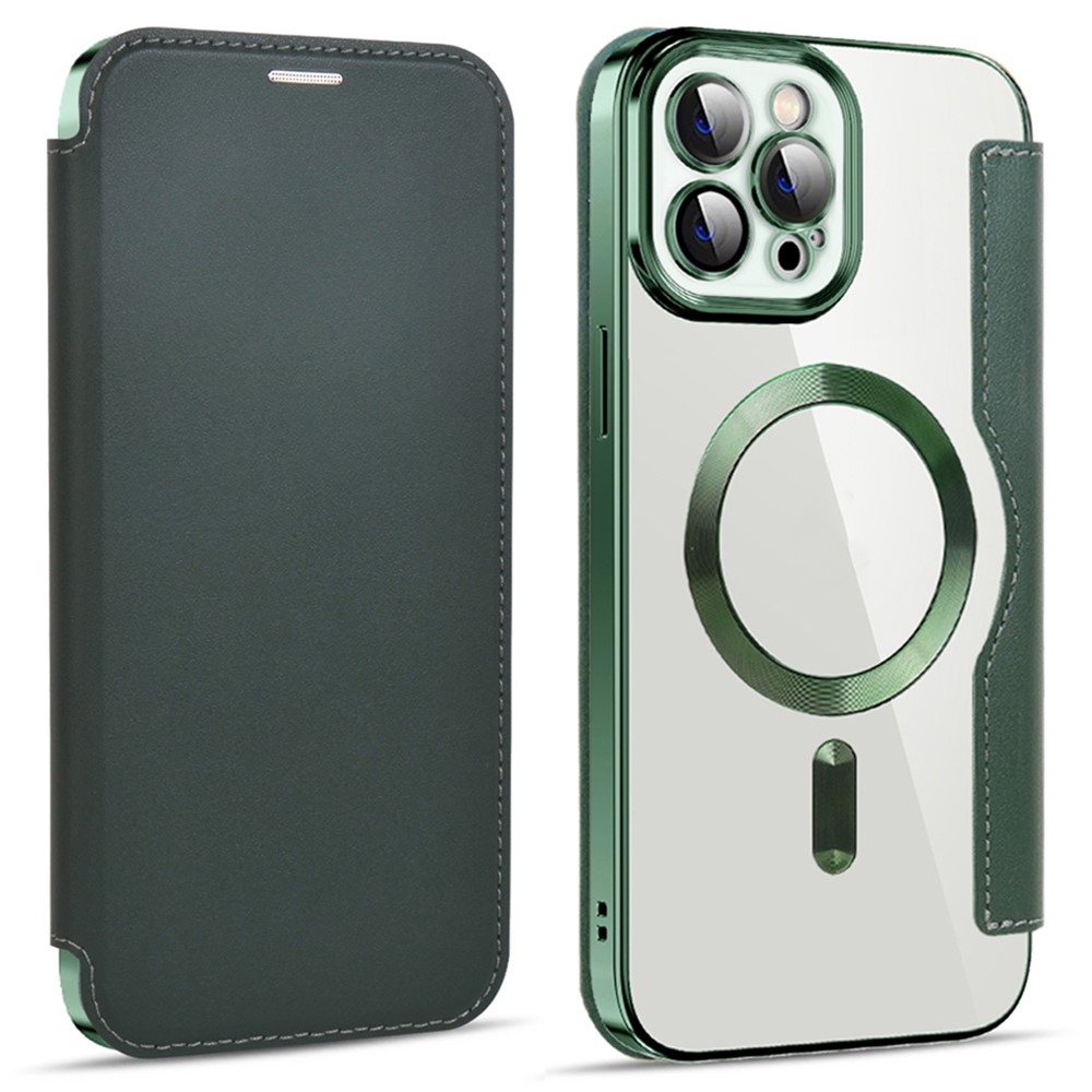 For iPhone 11 Pro Max 6.5 inch Compatible with MagSafe RFID Blocking Card Slots Shockproof PU Leather+TPU Electroplating Clear Back Flip Case with Lens Film - Blackish Green