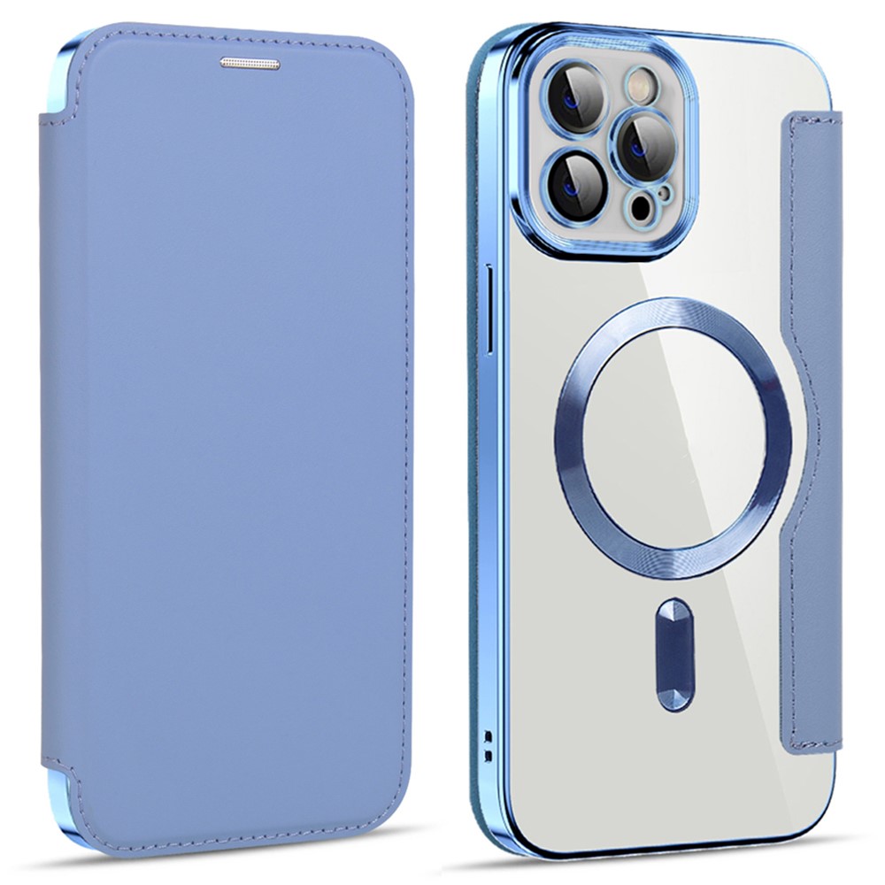 For iPhone 11 Pro Max 6.5 inch Compatible with MagSafe RFID Blocking Card Slots Shockproof PU Leather+TPU Electroplating Clear Back Flip Case with Lens Film - Baby Blue