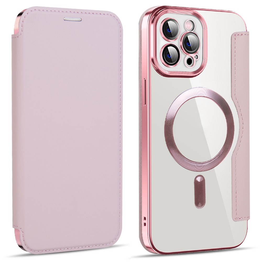 For iPhone 11 Pro Max 6.5 inch Compatible with MagSafe RFID Blocking Card Slots Shockproof PU Leather+TPU Electroplating Clear Back Flip Case with Lens Film - Pink