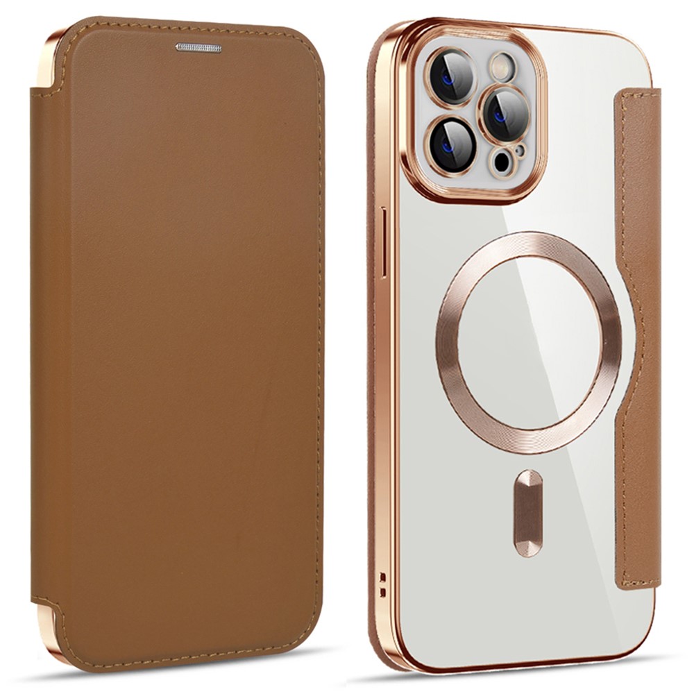 For iPhone 11 Pro Max 6.5 inch Compatible with MagSafe RFID Blocking Card Slots Shockproof PU Leather+TPU Electroplating Clear Back Flip Case with Lens Film - Brown