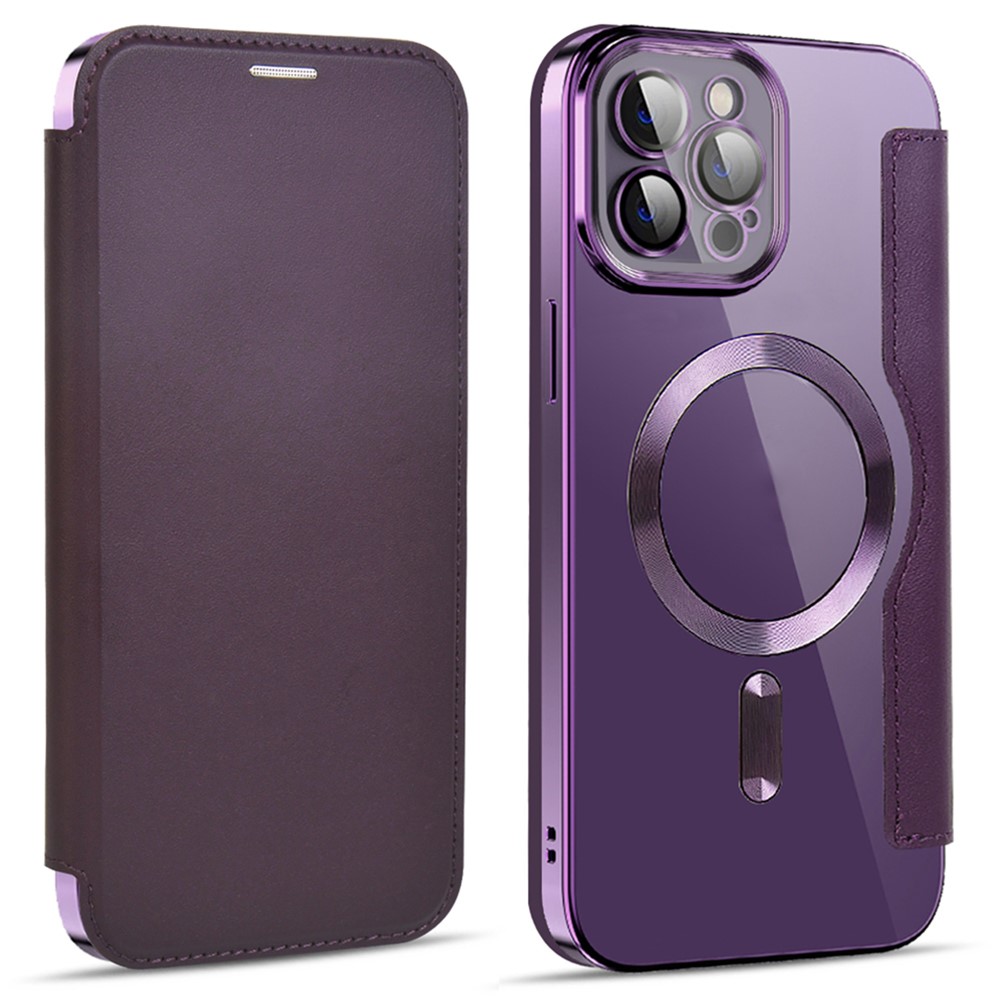 For iPhone 11 Pro Max 6.5 inch Compatible with MagSafe RFID Blocking Card Slots Shockproof PU Leather+TPU Electroplating Clear Back Flip Case with Lens Film - Purple