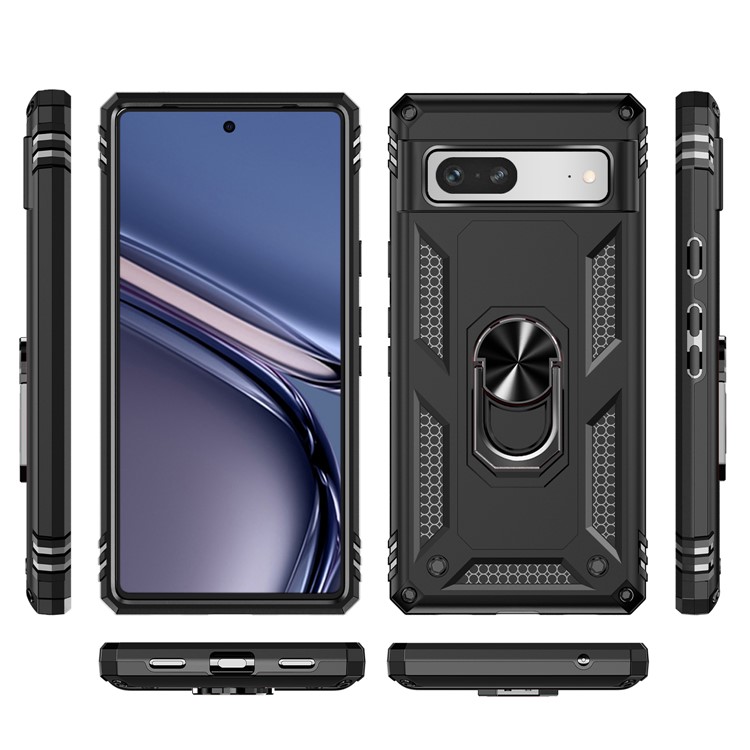 Estuche de Teléfono Protector de Retroceso Para Google Pixel 7a, PC PC Anti-drop + TPU de Grado Militar Cubierta Protectora de TPU Con Kickstand - Negro-7