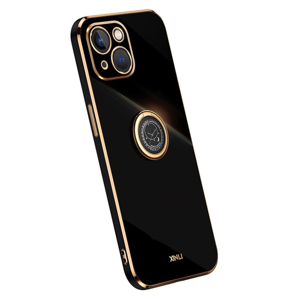 XINLI Ring Kickstand Back Shell for iPhone 13 mini 5.4 inch, Anti-drop Electroplating Golden Edge Case Soft TPU Cover - Black