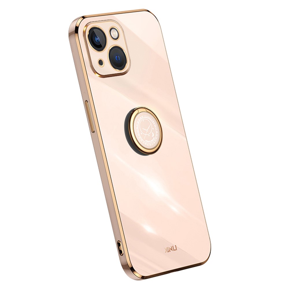 XINLI Ring Kickstand Back Shell for iPhone 13 mini 5.4 inch, Anti-drop Electroplating Golden Edge Case Soft TPU Cover - Pink