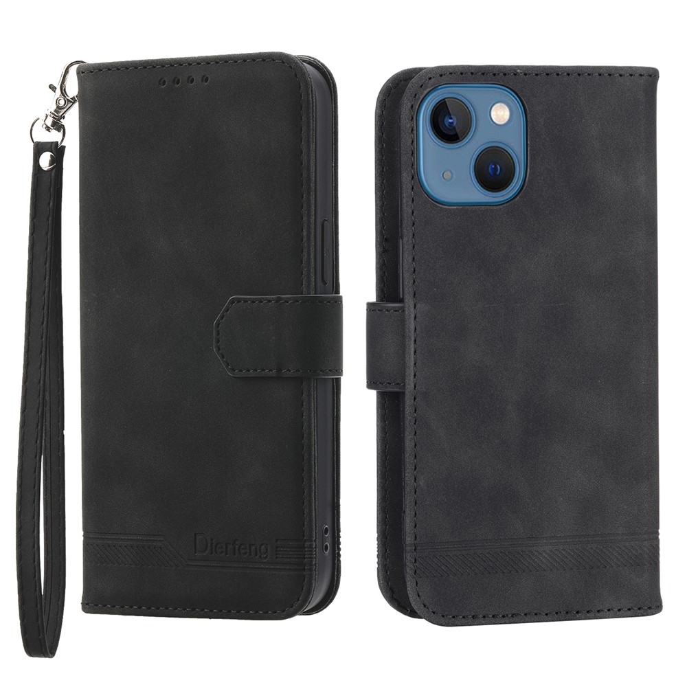DIERFENG DF-03 Drop-proof Phone Case for iPhone 13 mini 5.4 inch, Stand Wallet PU Leather Lines Imprinted Cell Phone Cover - Black