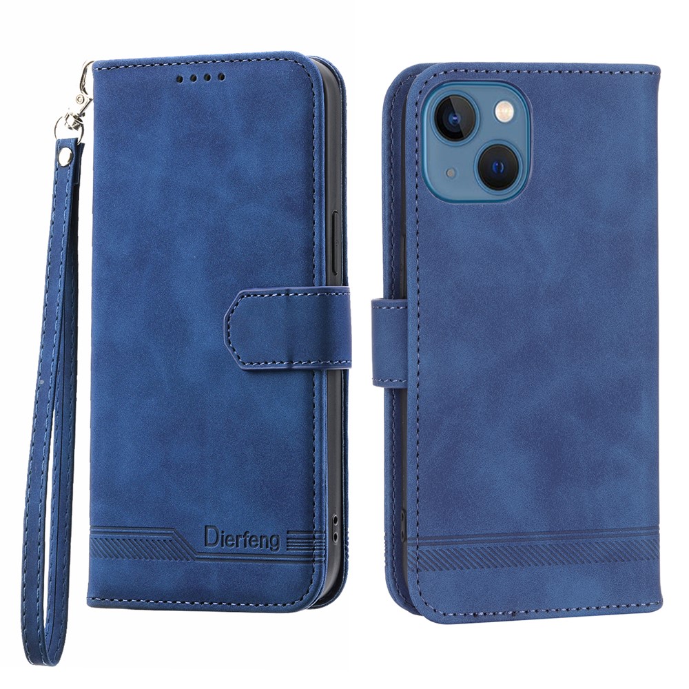 DIERFENG DF-03 Drop-proof Phone Case for iPhone 13 mini 5.4 inch, Stand Wallet PU Leather Lines Imprinted Cell Phone Cover - Blue