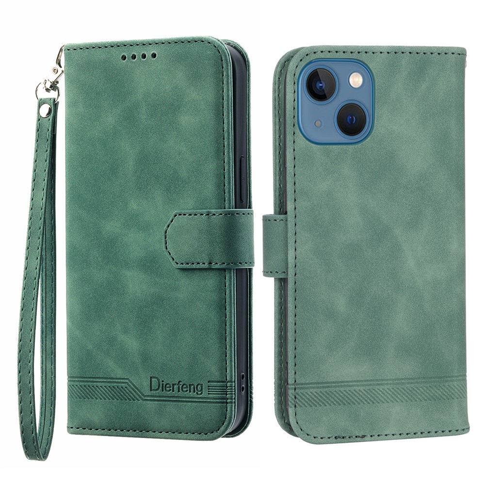 DIERFENG DF-03 Drop-proof Phone Case for iPhone 13 mini 5.4 inch, Stand Wallet PU Leather Lines Imprinted Cell Phone Cover - Green