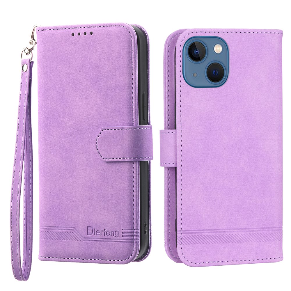 DIERFENG DF-03 Drop-proof Phone Case for iPhone 13 mini 5.4 inch, Stand Wallet PU Leather Lines Imprinted Cell Phone Cover - Purple