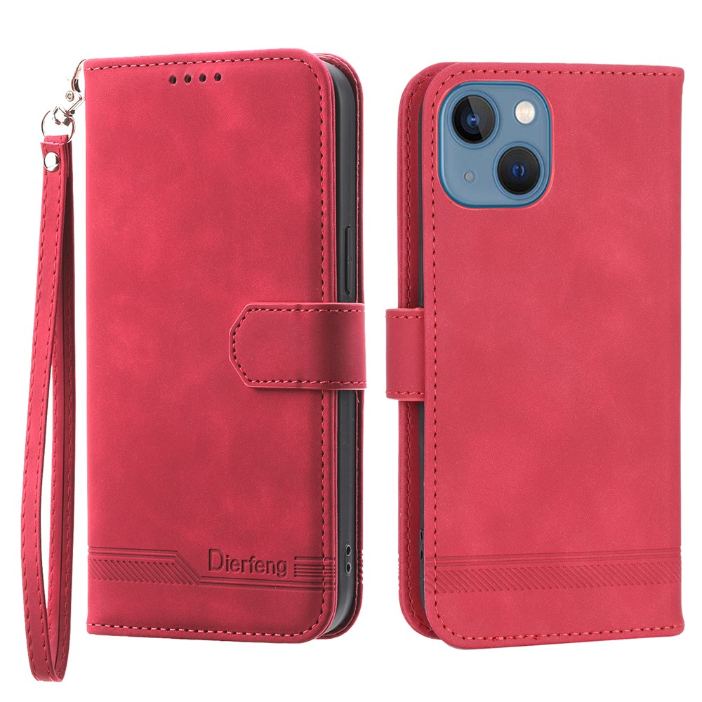 DIERFENG DF-03 Drop-proof Phone Case for iPhone 13 mini 5.4 inch, Stand Wallet PU Leather Lines Imprinted Cell Phone Cover - Red