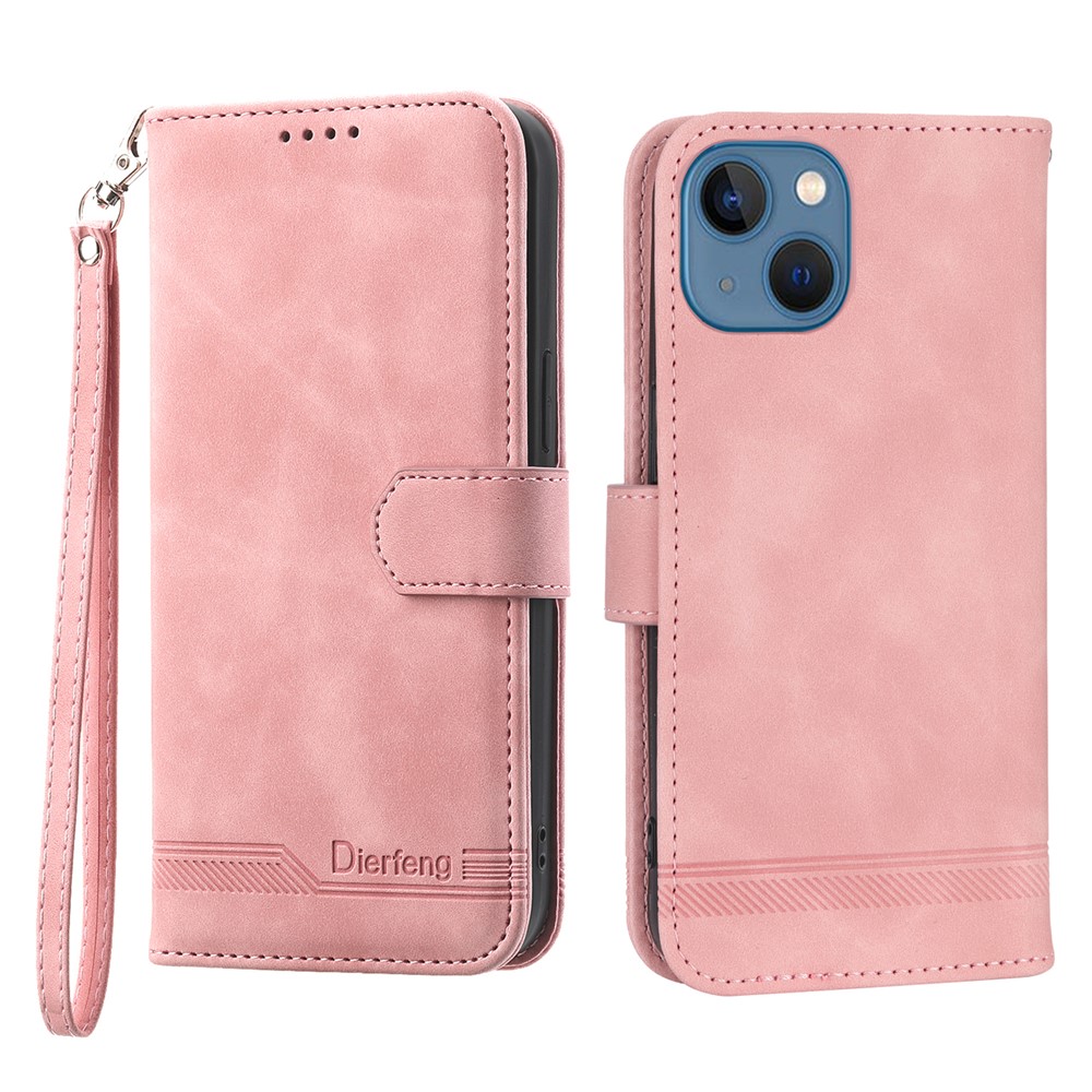 DIERFENG DF-03 Drop-proof Phone Case for iPhone 13 mini 5.4 inch, Stand Wallet PU Leather Lines Imprinted Cell Phone Cover - Pink