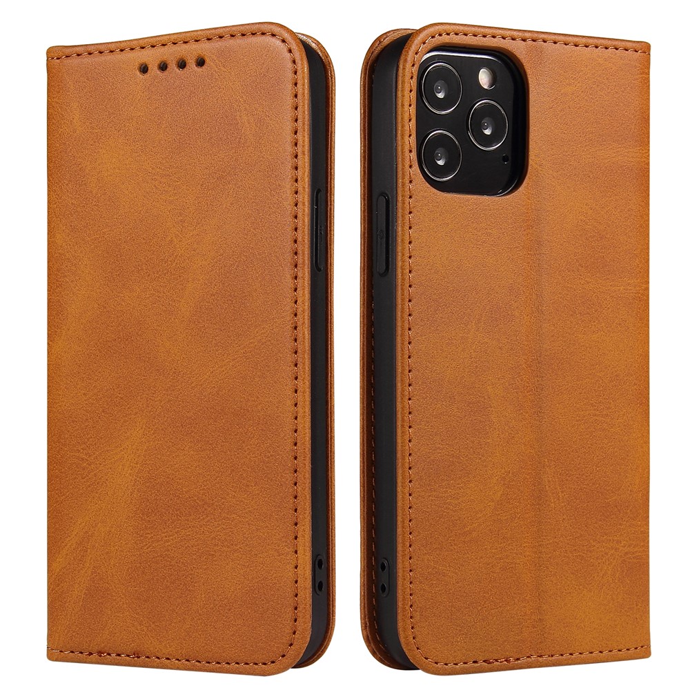 For iPhone 11 Pro Max 6.5 inch Calf Texture Phone Shell Wallet Phone Cover Auto-absorbed Leather Stand Case - Khaki
