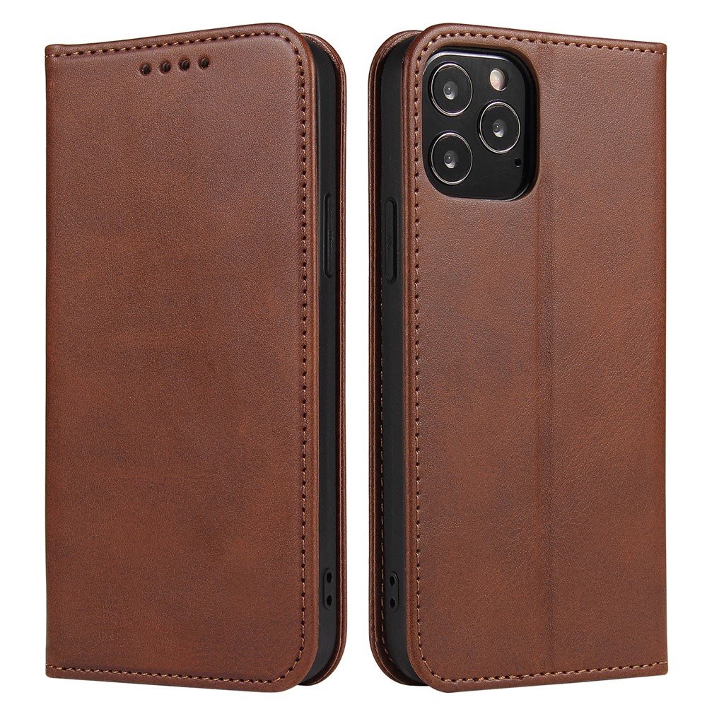 For iPhone 11 Pro Max 6.5 inch Calf Texture Phone Shell Wallet Phone Cover Auto-absorbed Leather Stand Case - Brown